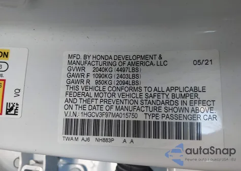 2021 Honda Accord Hybrid Touring z USA, uszkodzony, nr VIN 1HGCV3F97MA015750